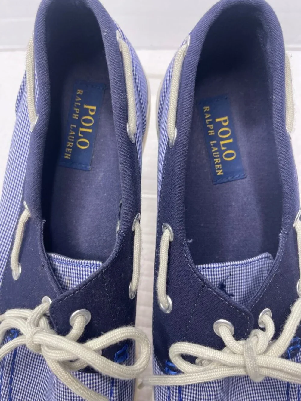 Polo Ralph Lauren Lander Mens Blue Gingham Canvas Lace-Up Boat Shoes SZ 10.5D